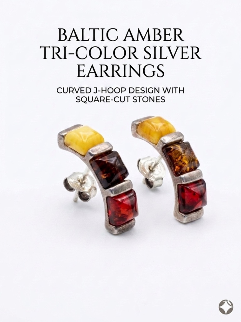 Vintage Baltic Amber Tri-Color Silver Curved J-Hoop Earrings